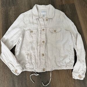 Tommy Bahama 100% linen jacket women's sz M beige ivory button up pockets resort